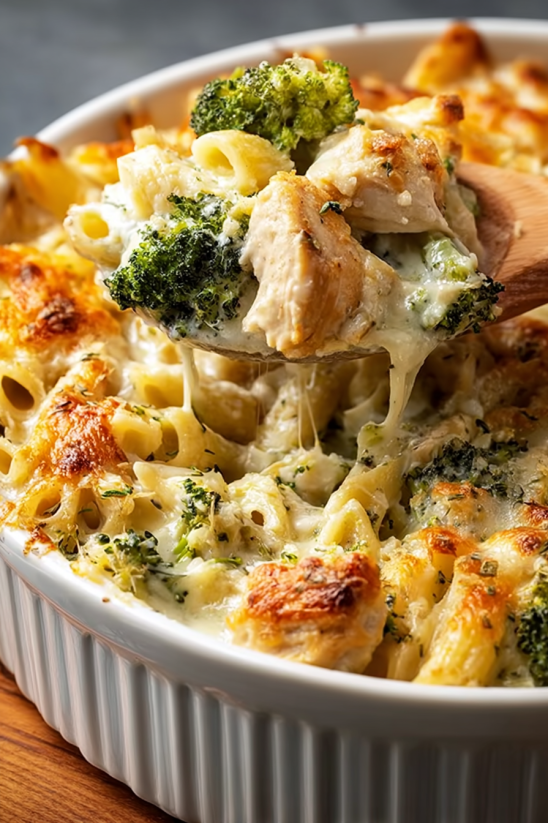 A delicious chicken and broccoli alfredo bake.