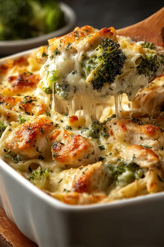 A delicious chicken and broccoli alfredo bake.