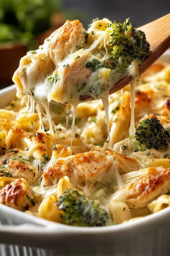 A delicious chicken and broccoli Alfredo bake.