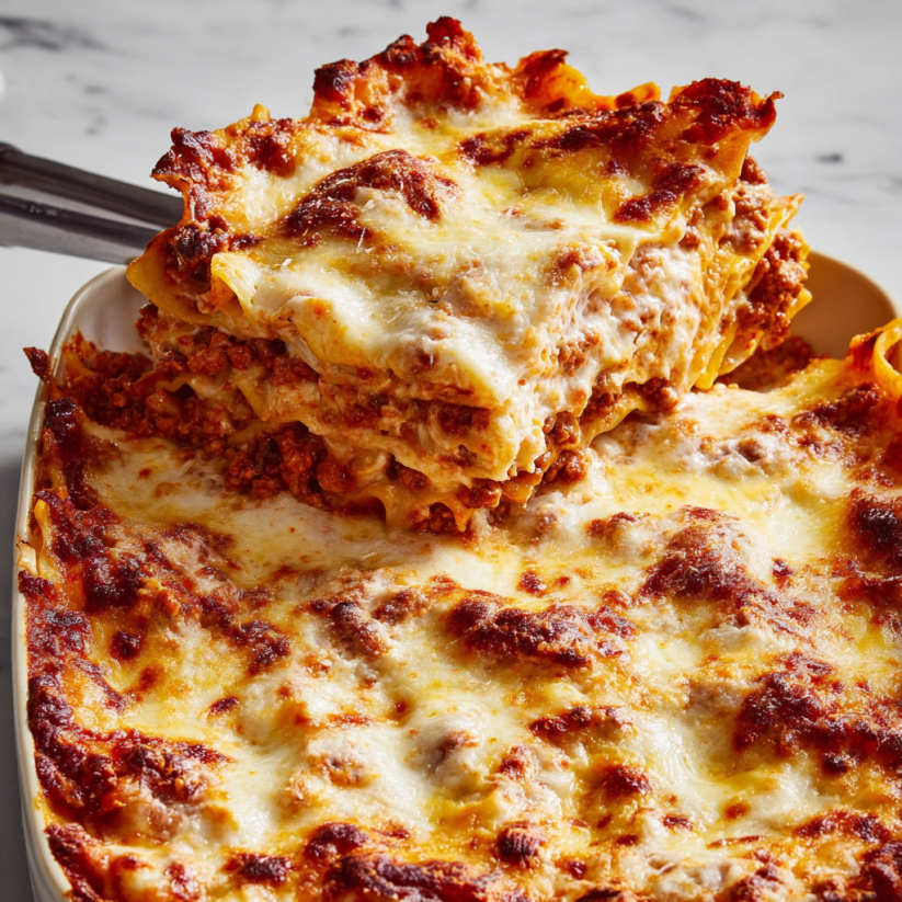 A delicious looking lasagna dish.