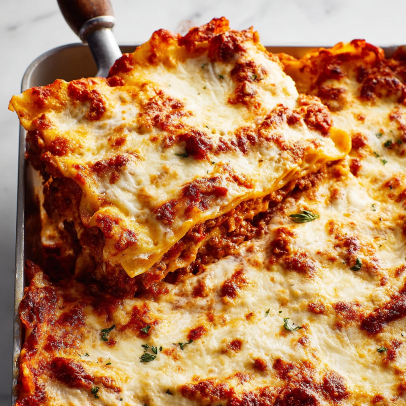 A pan of lasagna with cheese and meat.