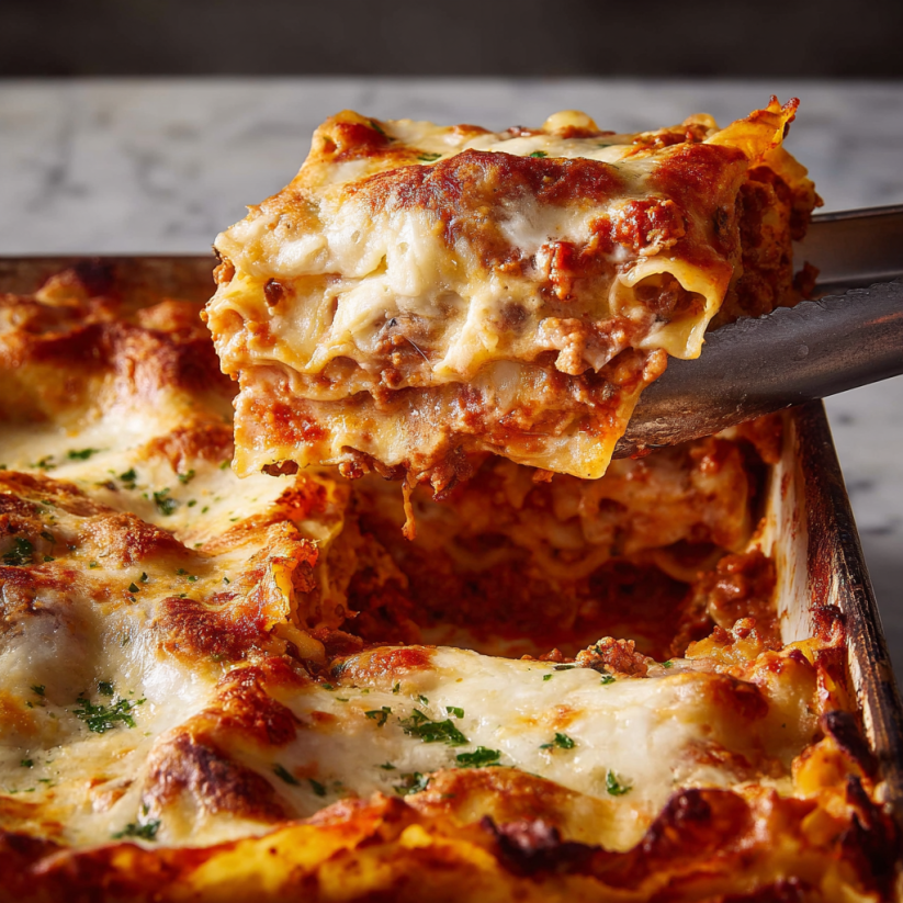 A slice of lasagna on a pan.