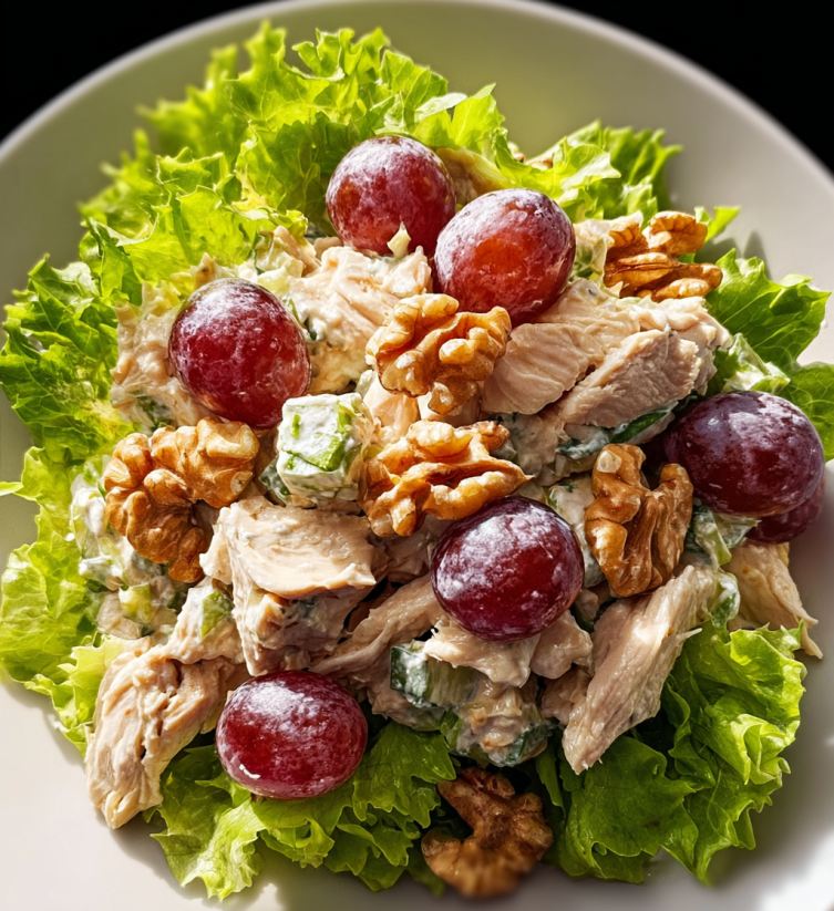 A plate of chicken salad with grapes and walnuts.