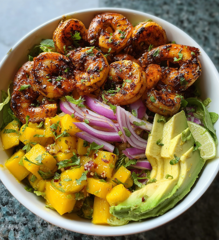 A bowl of shrimp, avocado, and mango.