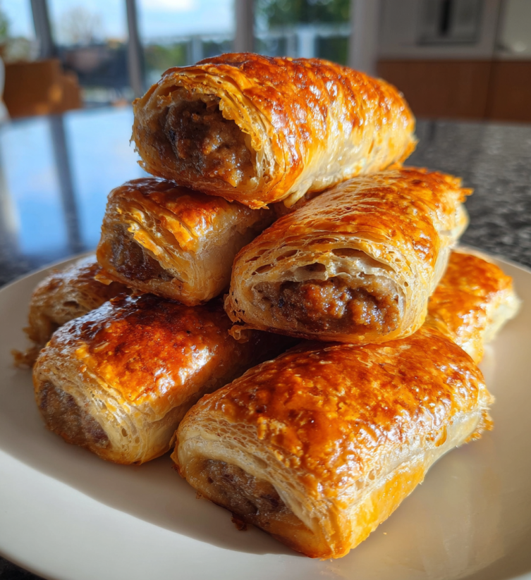 A stack of sausage rolls on a plate.