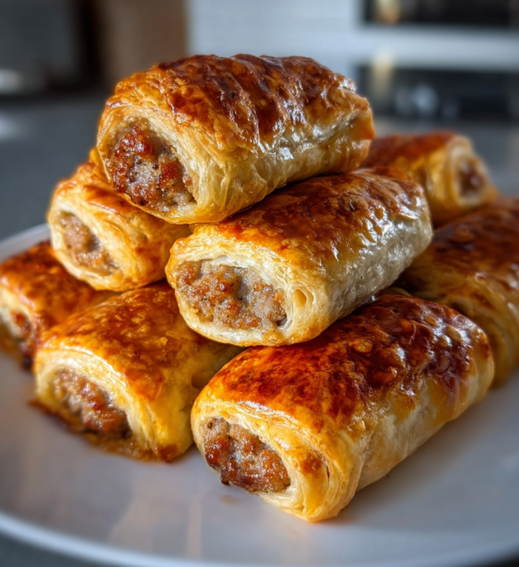 A stack of sausage rolls on a plate.