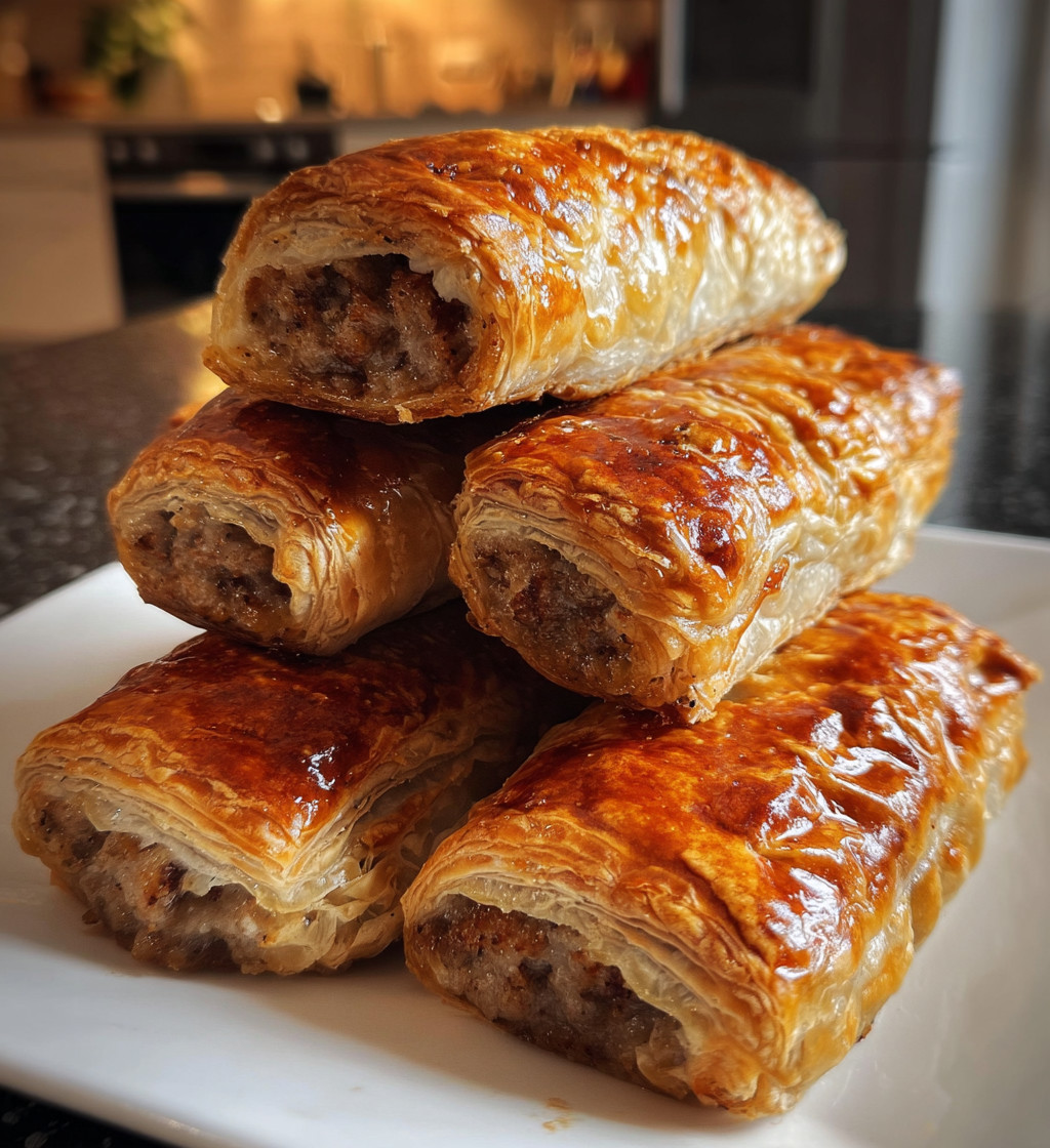 A stack of sausage rolls on a plate.