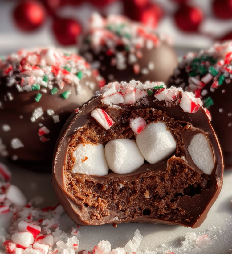 A chocolate candy with marshmallows and candy canes in it.