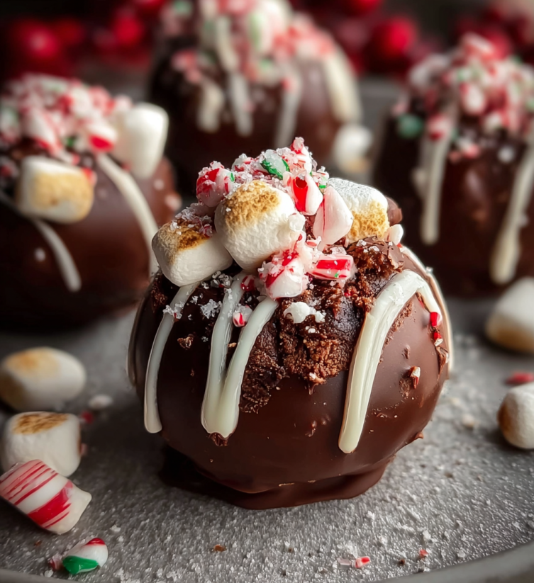 Chocolate balls with marshmallows and candy canes on top.