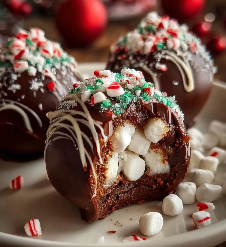 A plate of chocolate balls with marshmallows and candy canes.