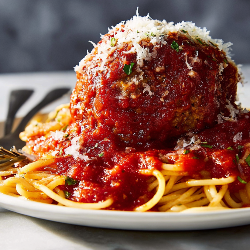 A plate of spaghetti with meatballs on top.