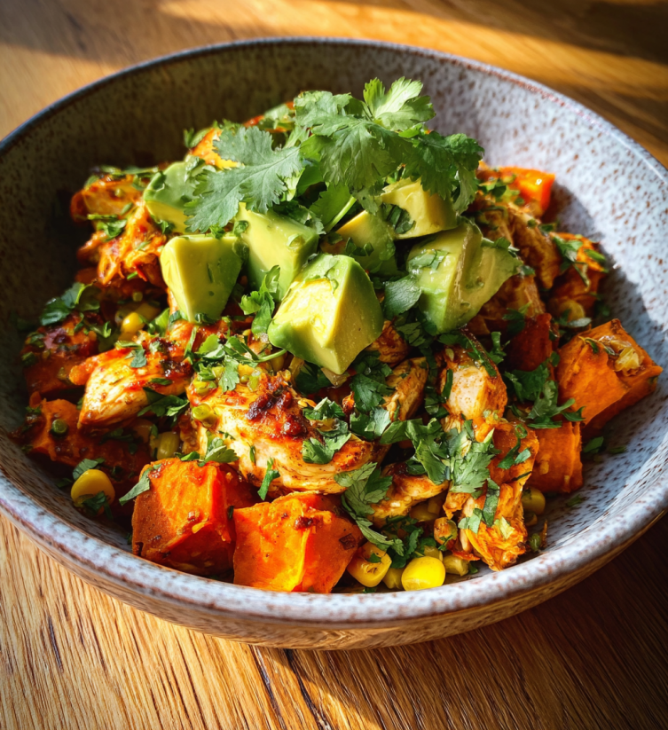 A bowl of BBQ chicken and sweet potatoes.