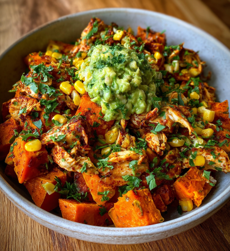 A bowl of BBQ chicken and sweet potatoes.