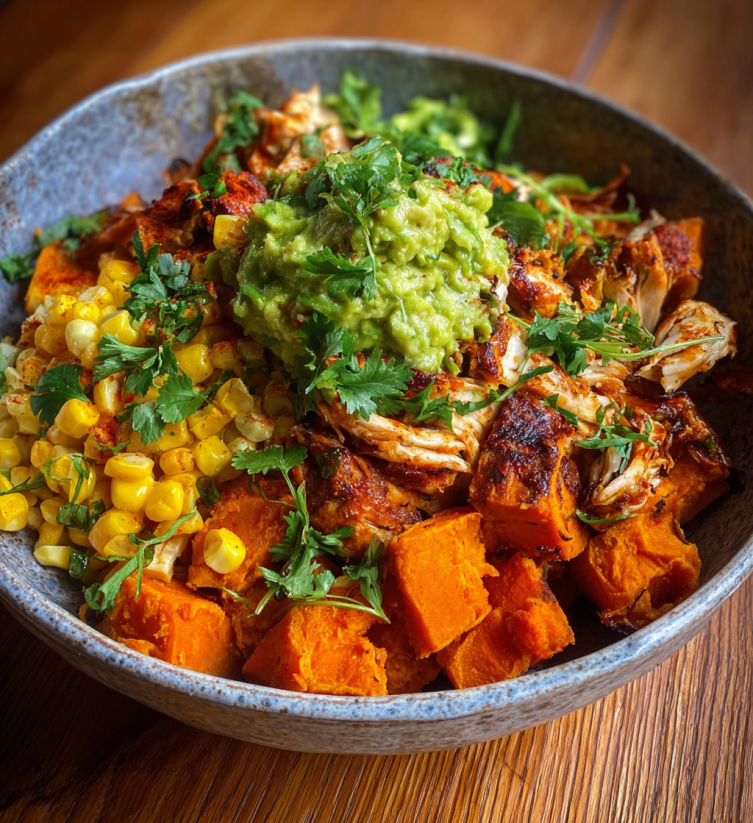 A bowl of BBQ chicken and sweet potatoes.