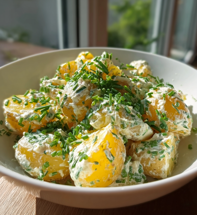 A white bowl filled with potatoes and herbs.