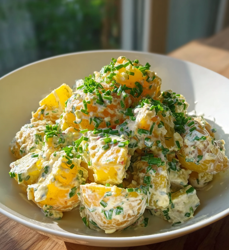 A white bowl filled with a salad of potatoes and greens.