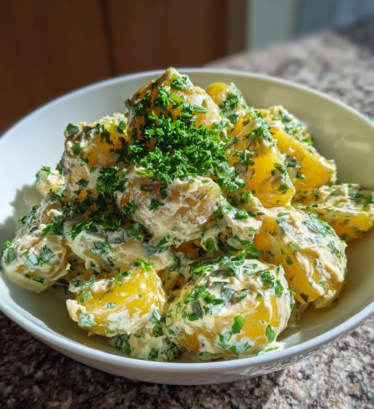 A white bowl filled with a dish of potatoes and greens.