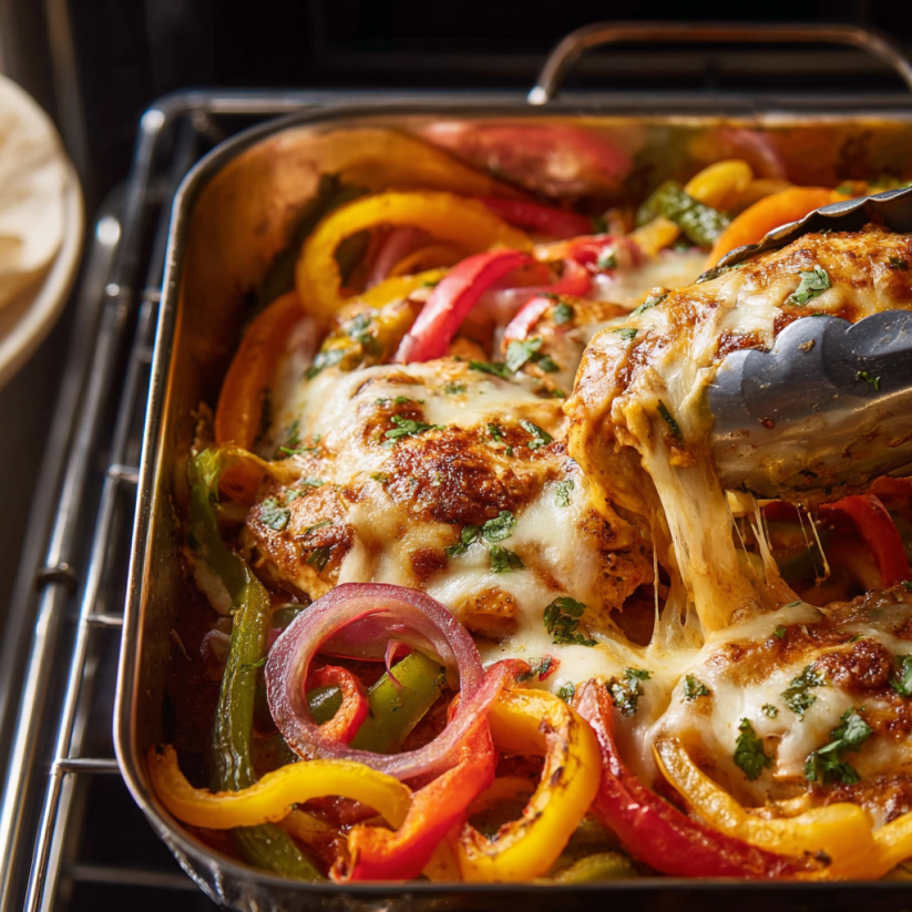 A pan of chicken fajita casserole with a spoon in it.