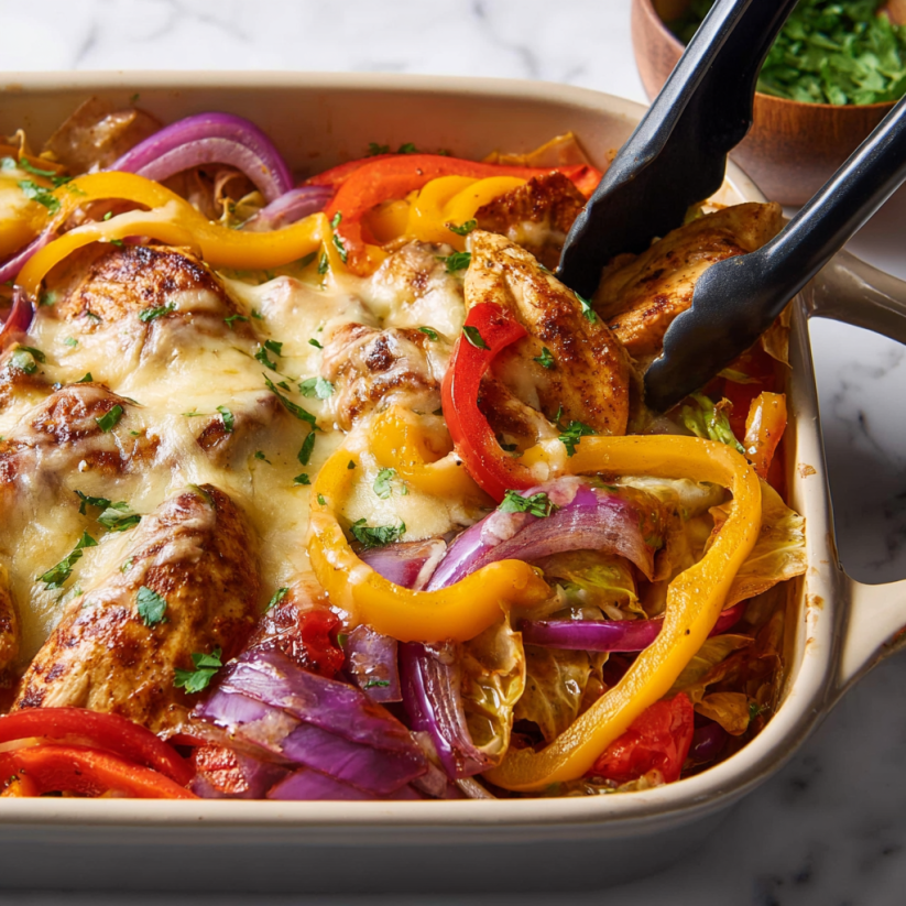 A dish of chicken fajita casserole with peppers and onions.