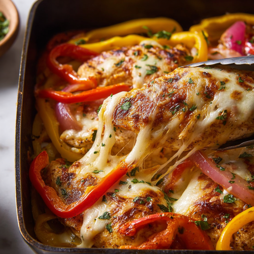 A pan of chicken fajita casserole with peppers and cheese.