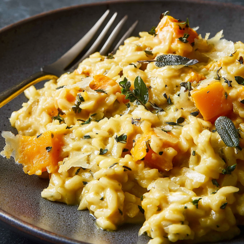 A plate of creamy butternut squash orzo.