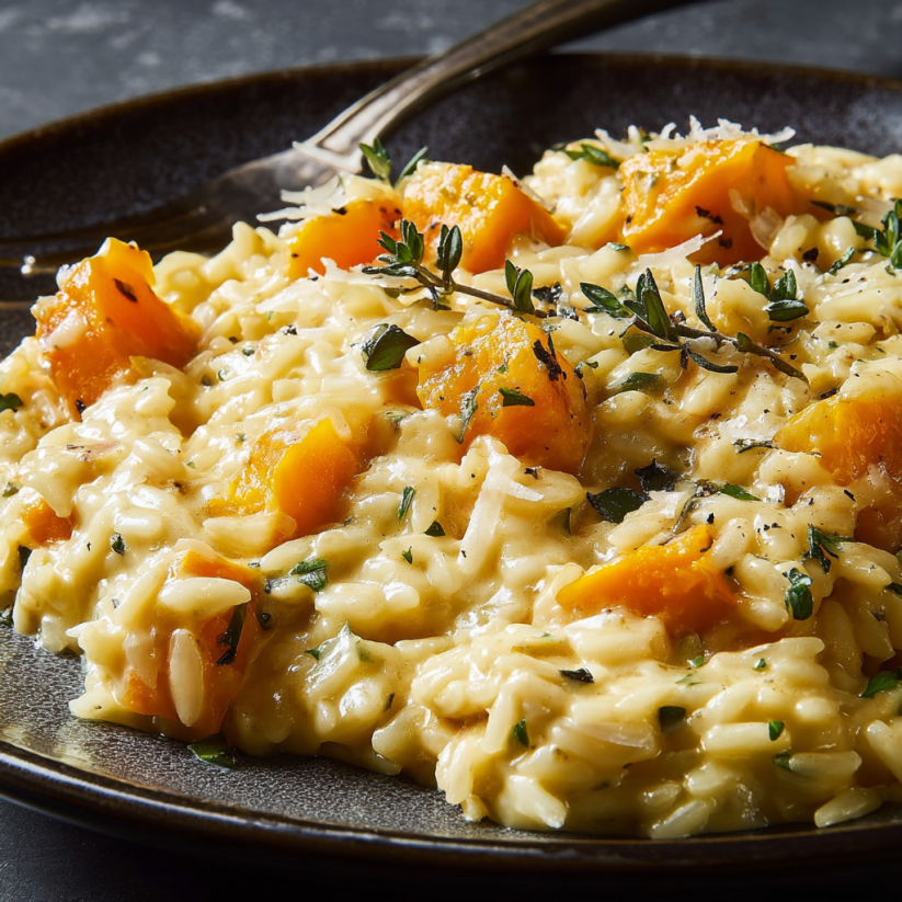 A plate of creamy butternut squash orzo.