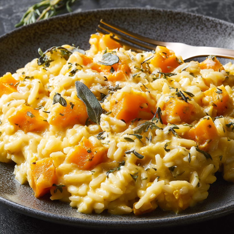 A plate of creamy butternut squash orzo.