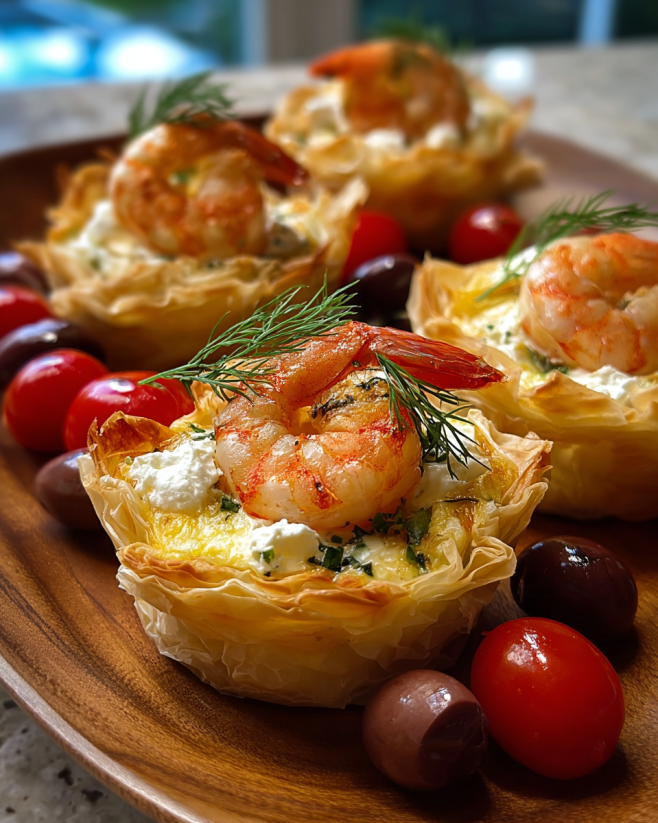 A plate of food with shrimp and tomatoes.