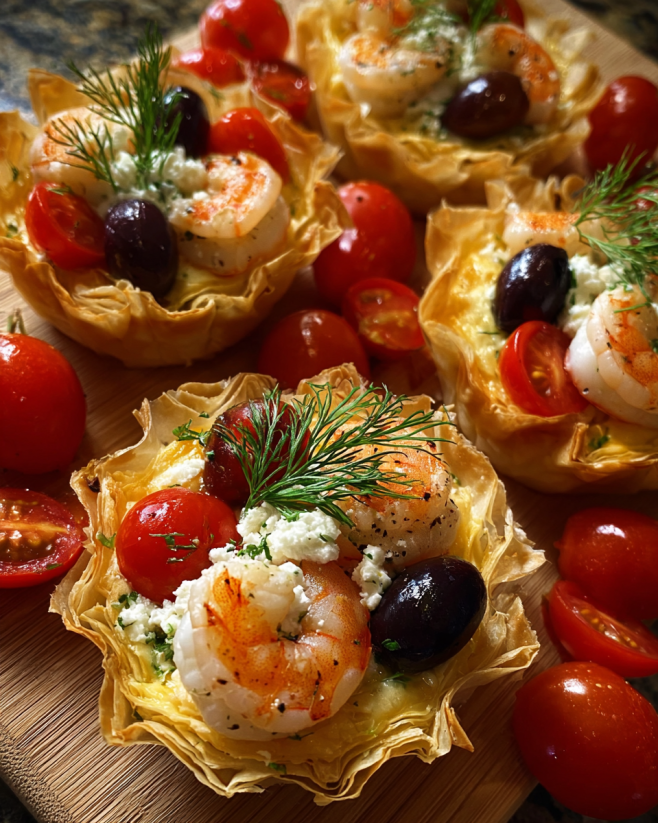 A plate of food with shrimp, tomatoes, and olives.