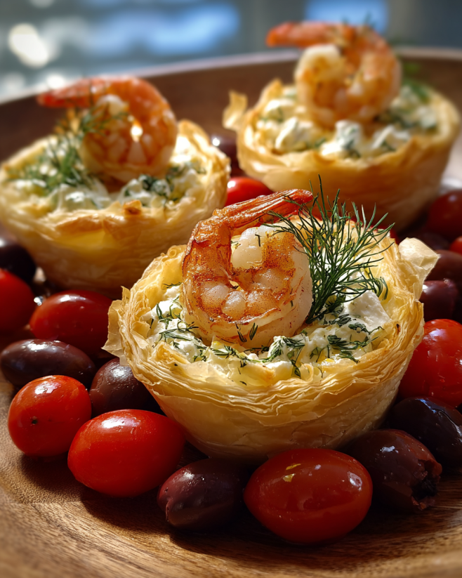 A plate of food with shrimp and tomatoes.