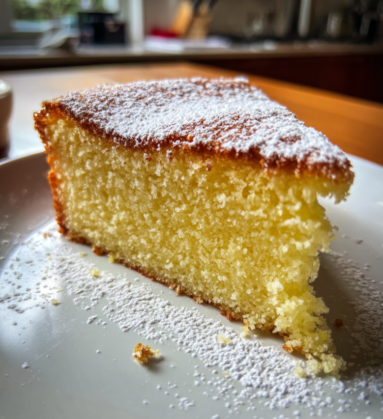 A slice of cake with powdered sugar on a plate.