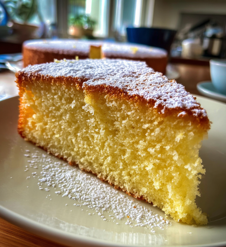 A slice of cake with powdered sugar on a plate.