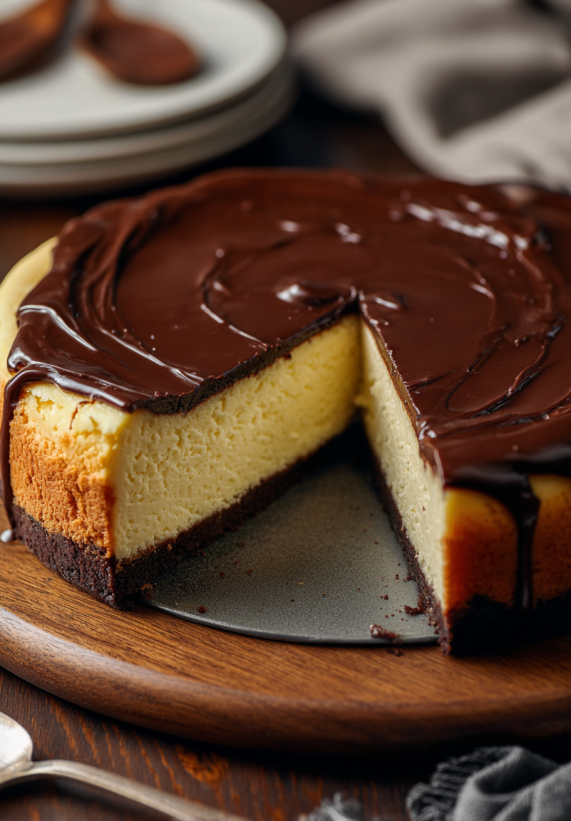A slice of Boston Cream Pie Cheesecake.
