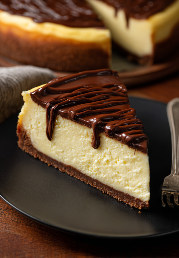 A slice of Boston Cream Pie Cheesecake.