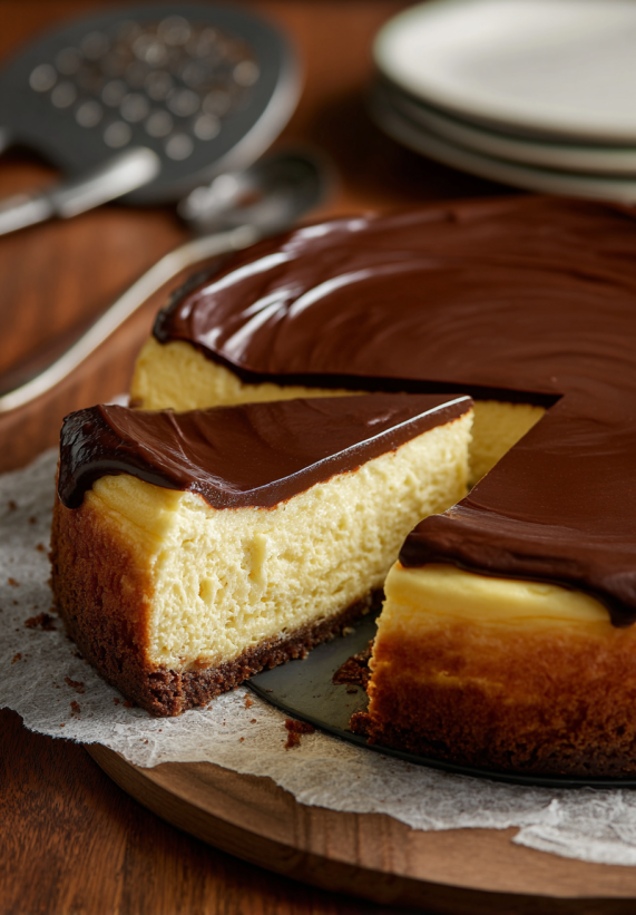 A slice of Boston Cream Pie Cheesecake.