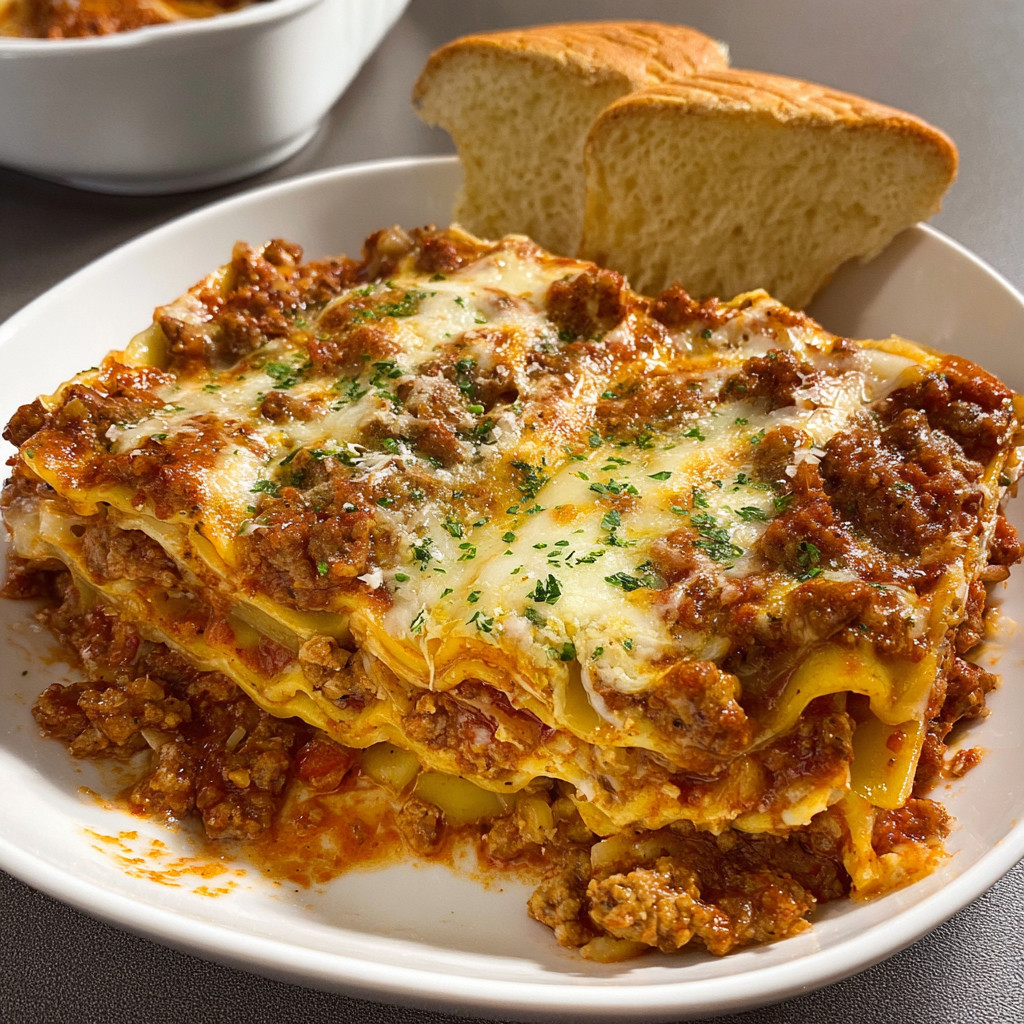 A plate of lasagna with a piece missing.