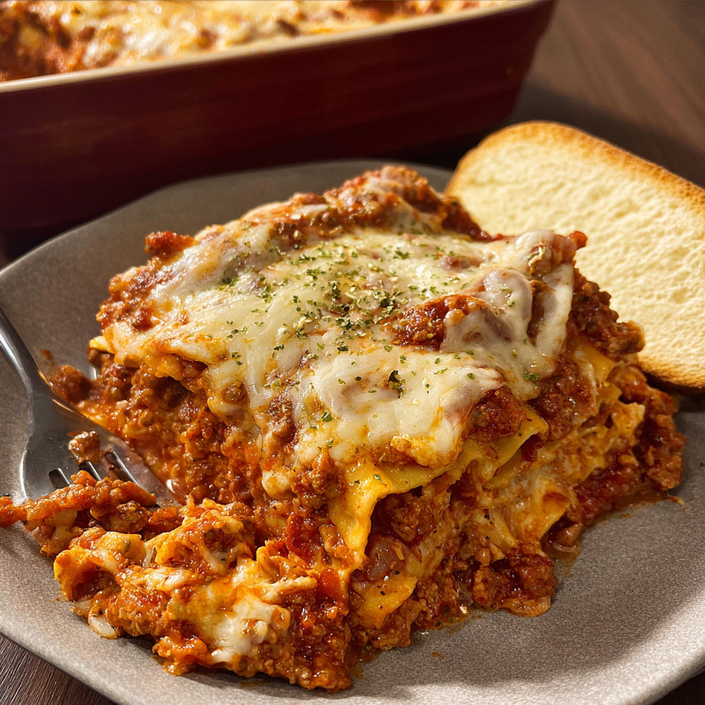 A plate of lasagna with a fork on it.