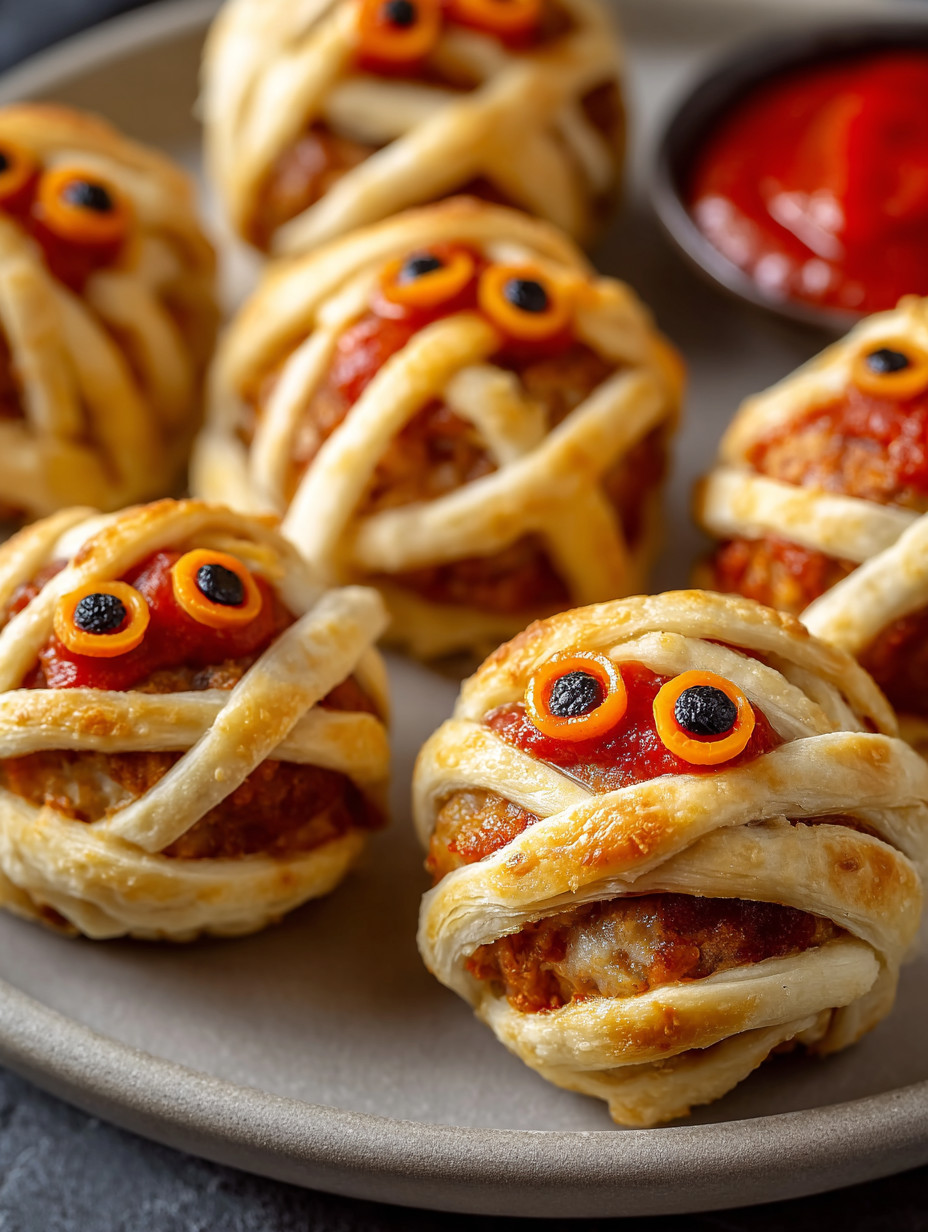 Mummy meatballs on a plate.