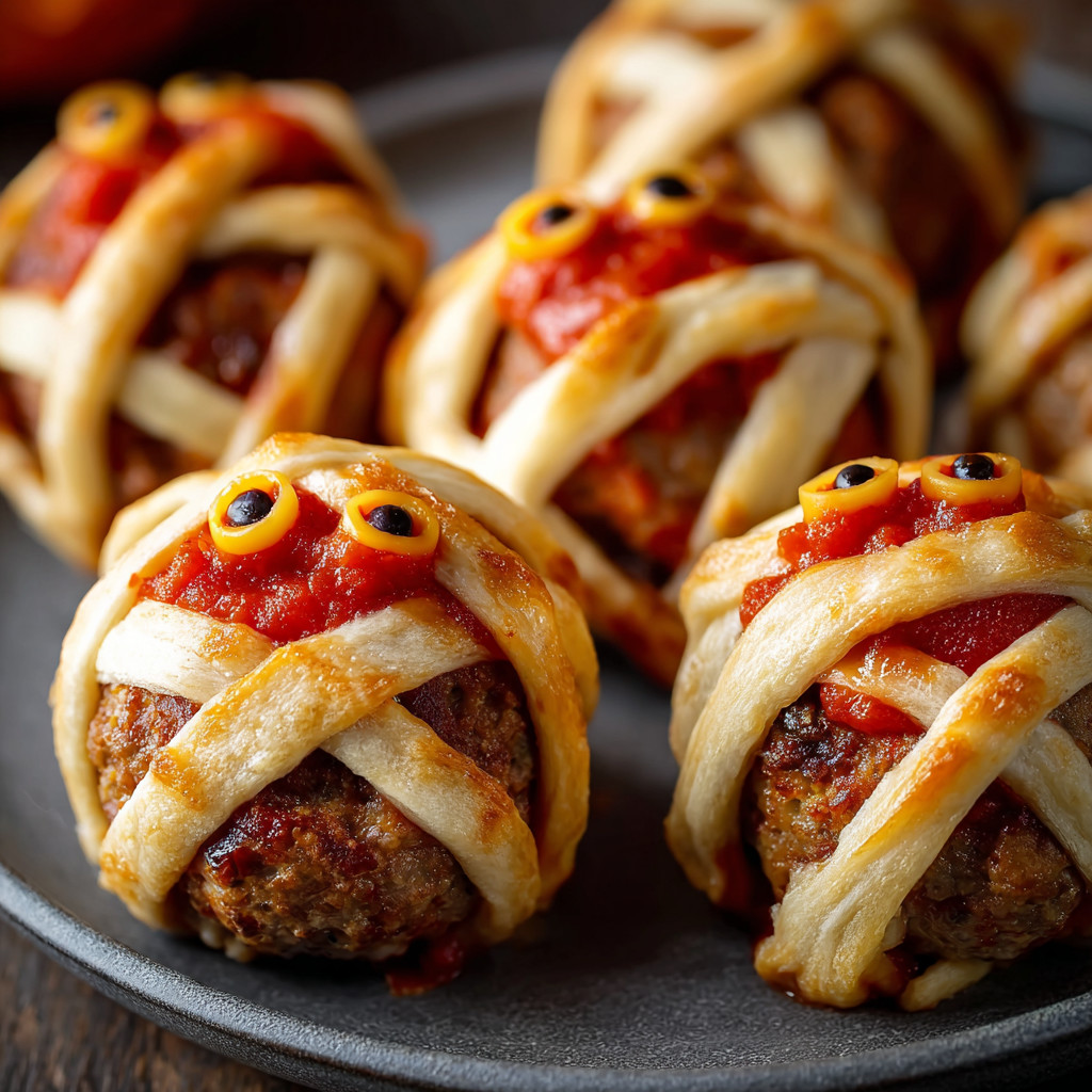 A plate of meatballs with a mummy face on them.