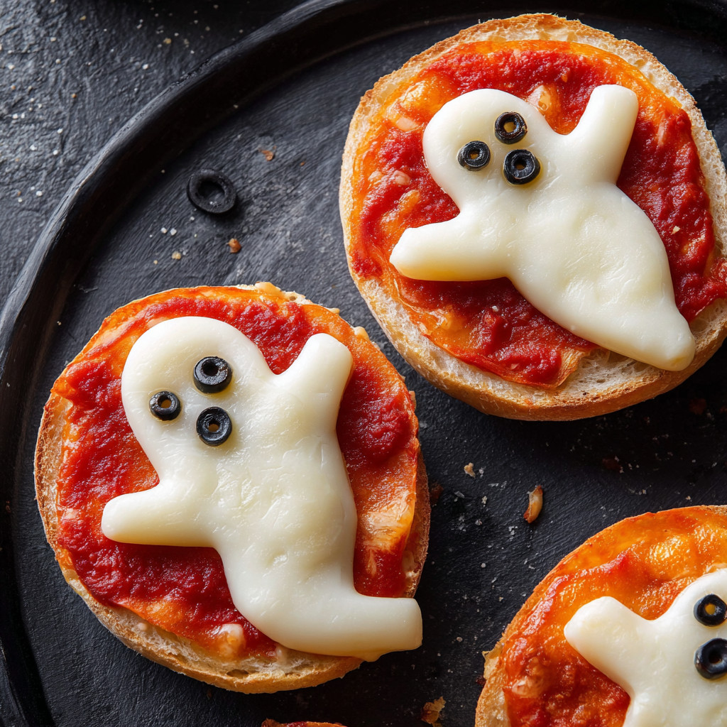 A ghost pizza bagel with cheese and sauce.