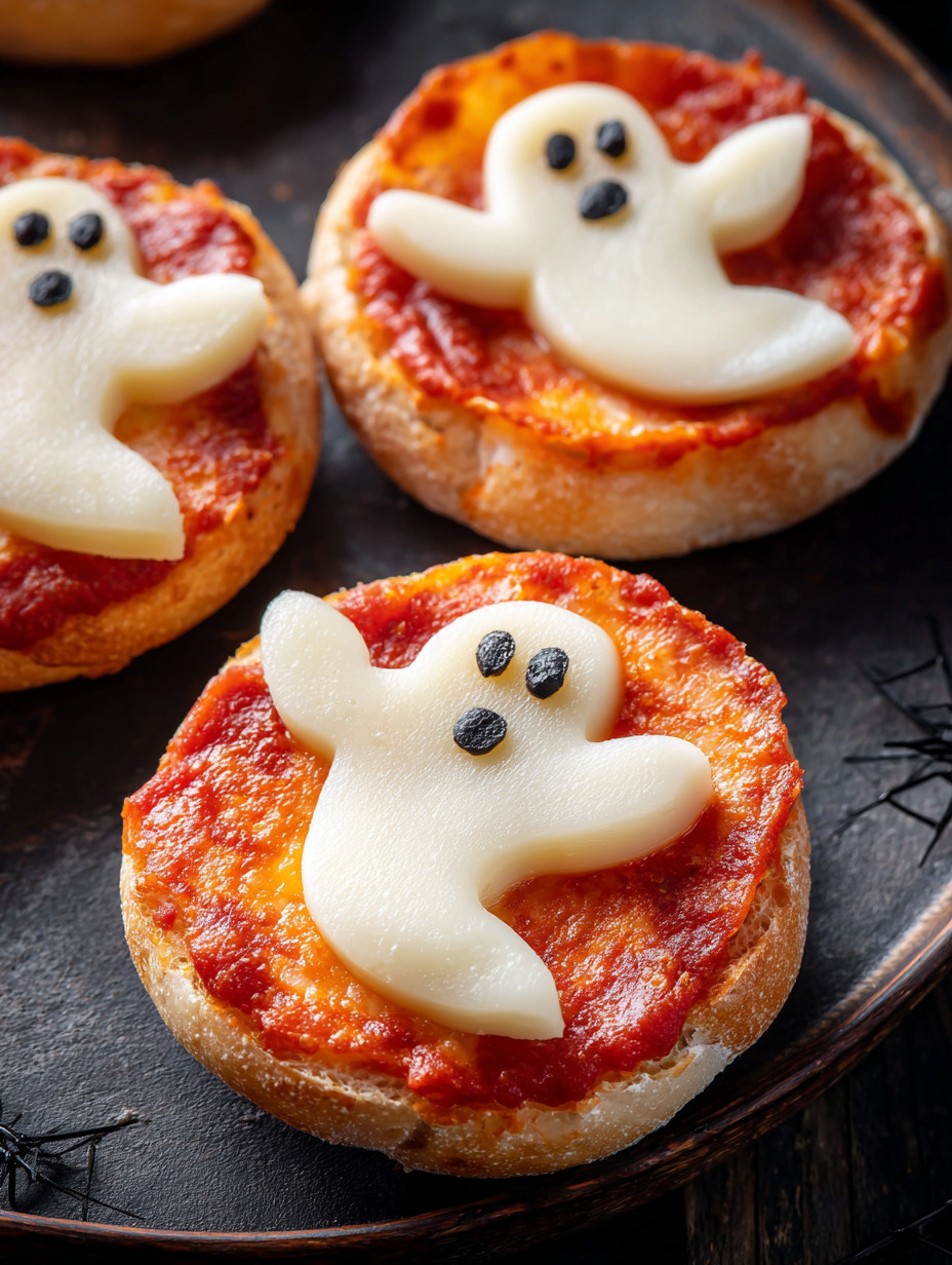 A ghost pizza bagel with cheese and sauce.