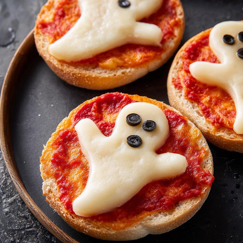 A plate of ghost pizza bagels.