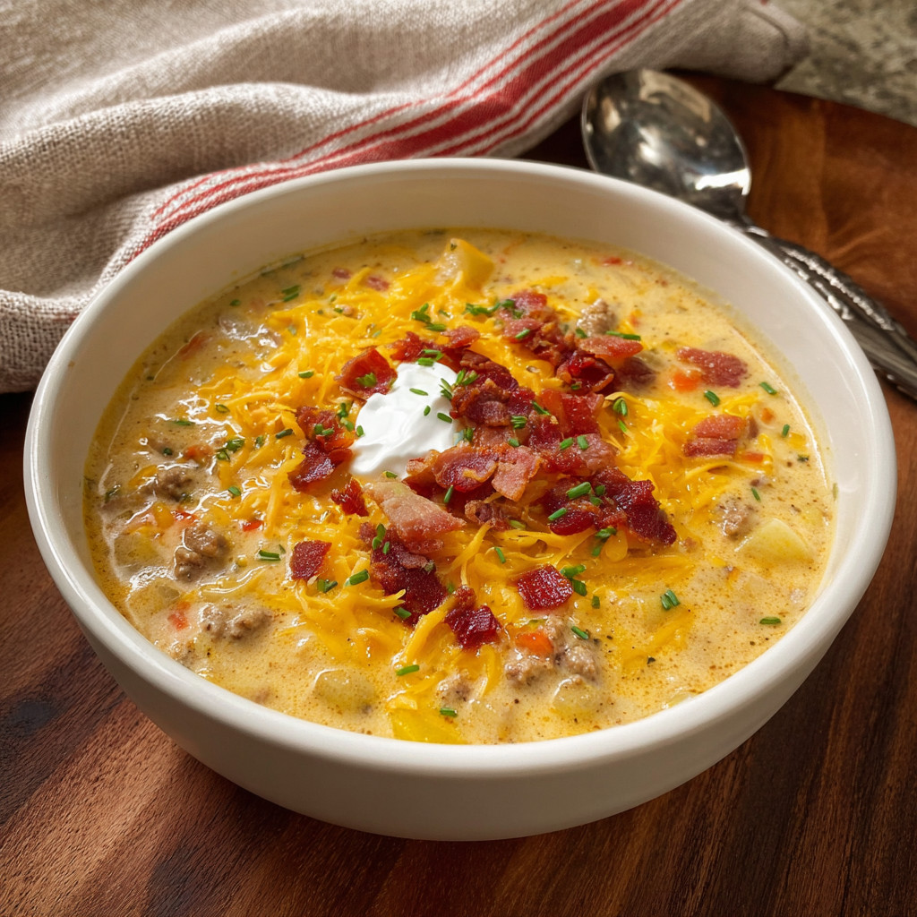 A bowl of soup with bacon cheeseburger soup.