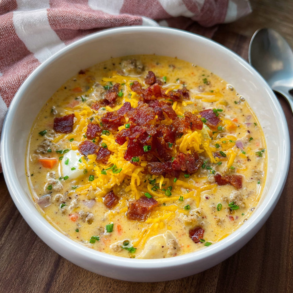 A bowl of soup with bacon and cheese.