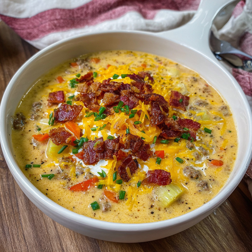 A bowl of soup with bacon and cheese.