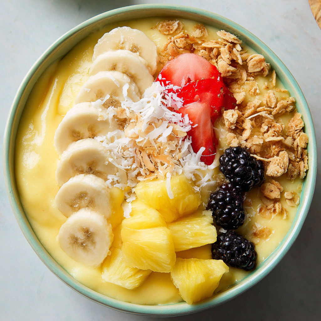 A bowl of fruit with bananas, pineapple, strawberries, and blackberries.
