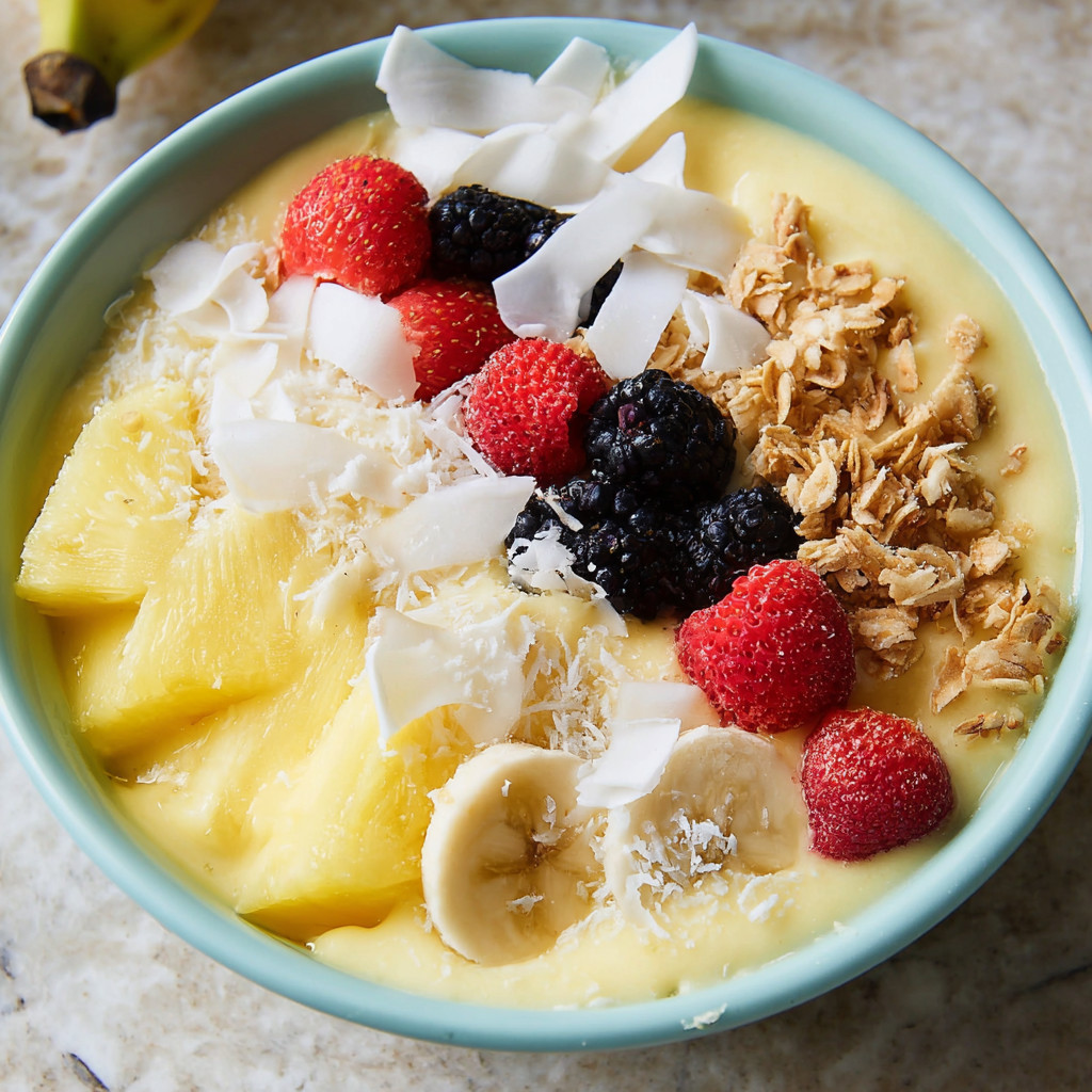 A bowl of fruit with a pineapple, banana, and strawberry.