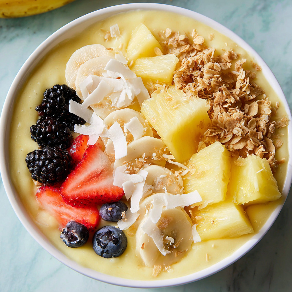 A bowl of fruit with a strawberry, blueberry, banana, and pineapple.