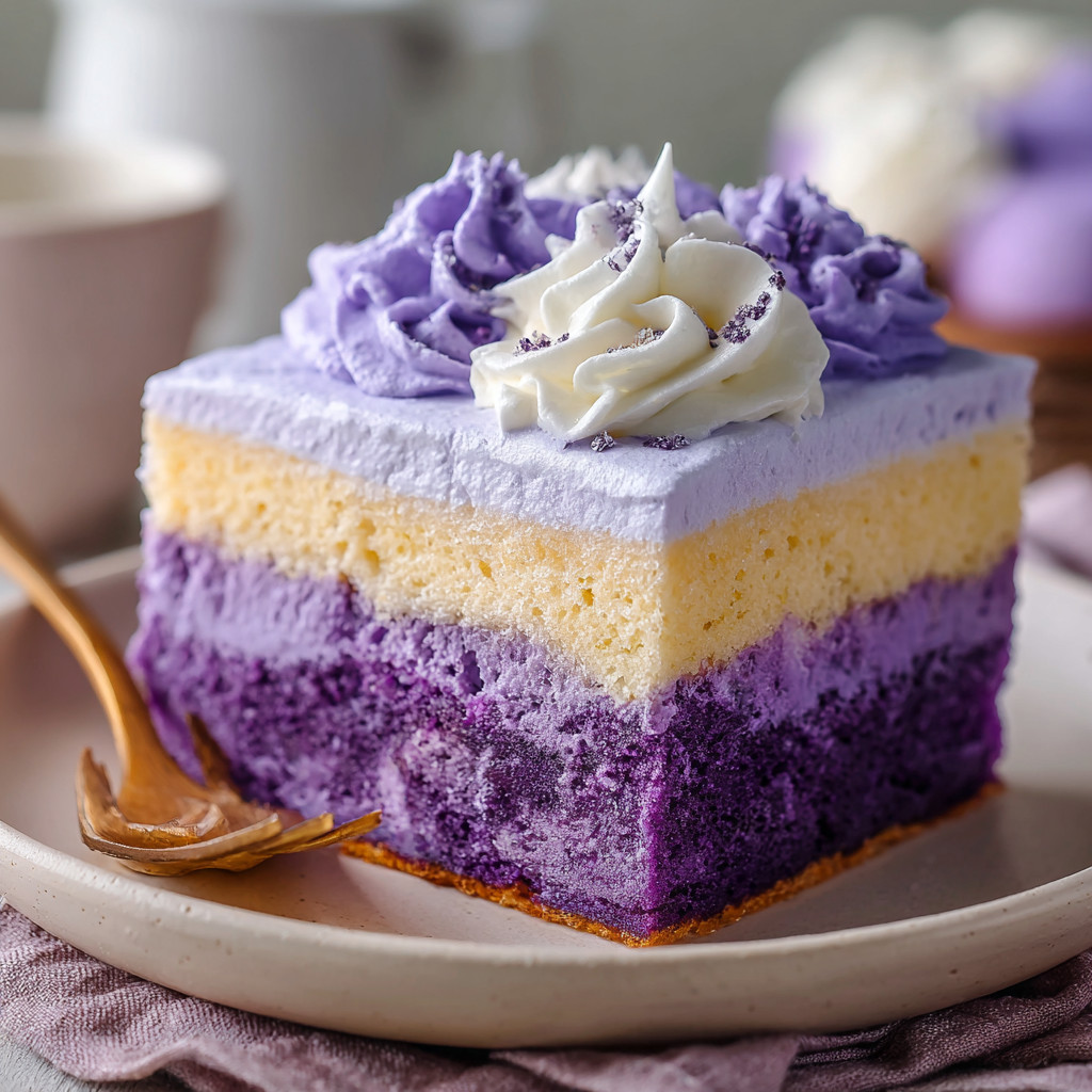 A slice of Ube Tres Leches Cake.