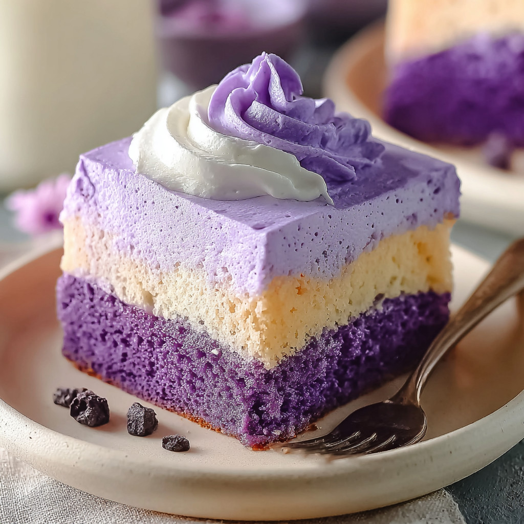 A slice of Ube Tres Leches Cake.